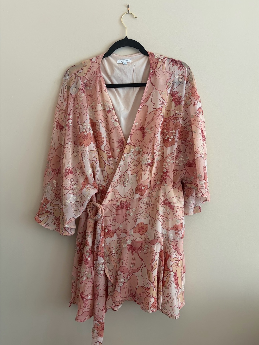 BTFL-Life Floral Pink, Cream, & Gold Wrap Mini Dress with Tie Waist Womens Large